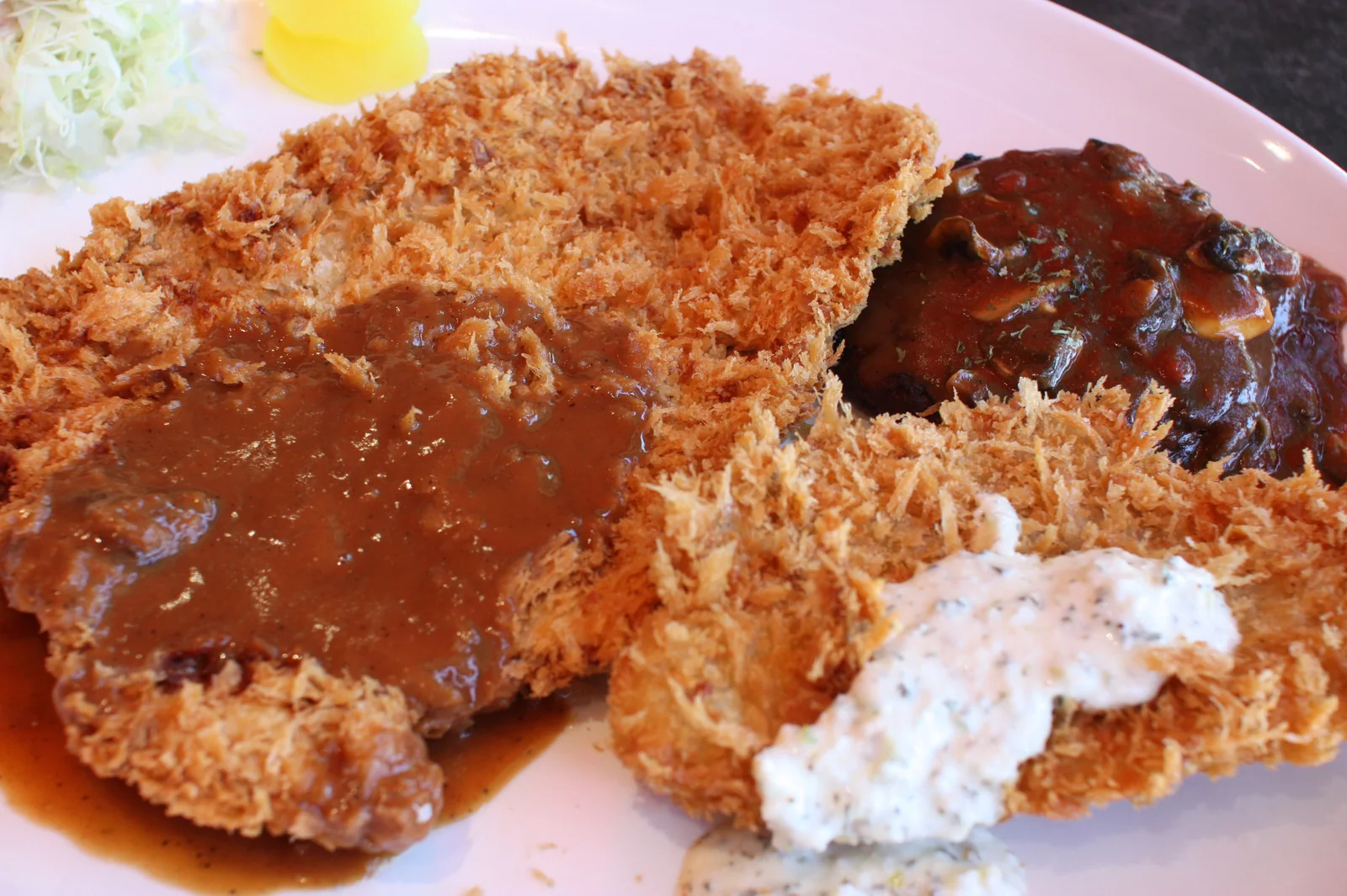 King’s Combo — katsu, fish katsu with tartar sauce and hamburger steak on one plate